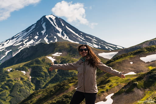 against the backdrop of the Vilyuchinsky volcano