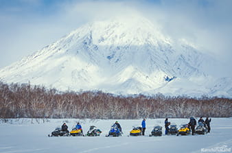 in a sled at the home volcanoes